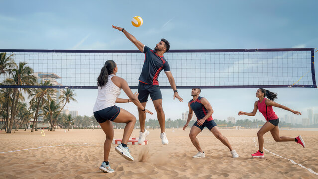 Athletic Young Indian People Playing Beach Volleyball on Outdoor Court with Player Jumping
