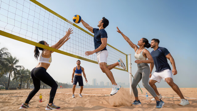 Athletic Young Indian People Playing Beach Volleyball on Outdoor Court with Player Jumping