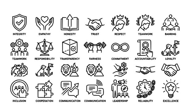 SEO Title: Corporate core values integrity and empathy line icon set