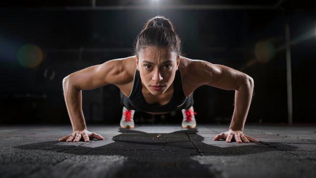Fit Young Indian Woman Performing V-Sit Core Exercise on Floor in Modern Dark Studio Gym