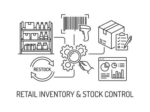 Retail inventory and stock control line vector icon set isolated on transparent background