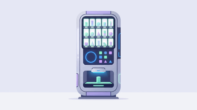 Futuristic automated vending machine with sleek, modern design and digital interface, offering convenient self-service retail for beverages and products in a clean, minimalist setting