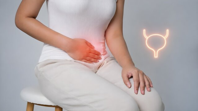 Woman Touching Her Lower Stomach with Urinary Bladder Graphic