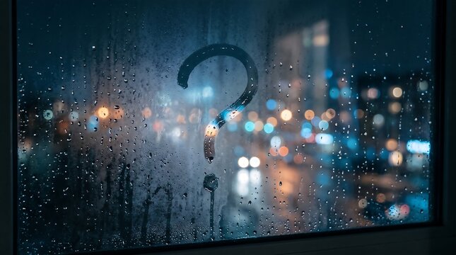 A question mark drawn on a foggy glass window covered in rain droplets with out-of-focus city lights glowing in the background at night, creating a mood of curiosity and mystery.