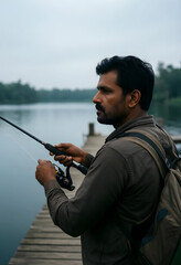 Fototapeta premium Mindfulness and mental health, man fishing on a wooden pier for relaxation and stress relief in nature during a quiet morning at the lake