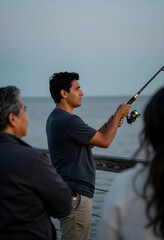 Fototapeta premium Leisure and recreation man fishing from a pier with friends at sunset outdoor hobby and relaxation social connection and weekend activity