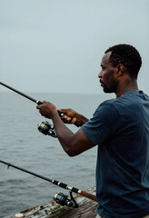 Fototapeta premium Mindfulness and patience man fishing on a pier with focus and calm outdoor recreation and hobby leisure activity by the sea on a cloudy daytime