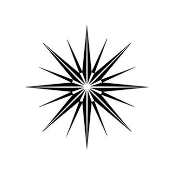 Minimalist black starburst icon, geometric sunburst shape on white background, sharp radial star element for modern graphic design