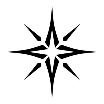 Minimalist starburst icon on white background, black geometric star symbol, sharp celestial sparkle graphic for modern branding and logo design