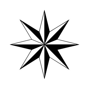 Nautical compass rose star icon, black and white eight pointed wind rose symbol, geometric navigation star graphic for maps and maritime design