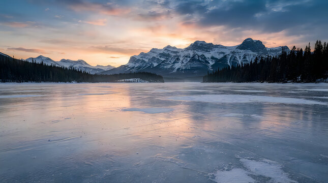 Frozen lake reflecting a colorful sunrise over distant snow capped mountains