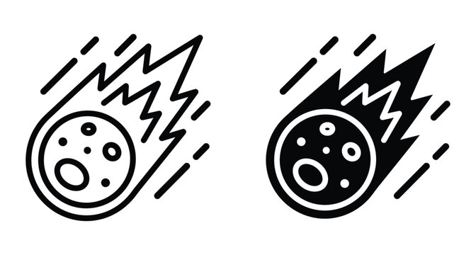 Meteor asteroid falling through space icon set with flame tail and craters in outline and solid black vector style
