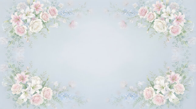 Delicate floral frame with pastel roses and greenery on a light blue background