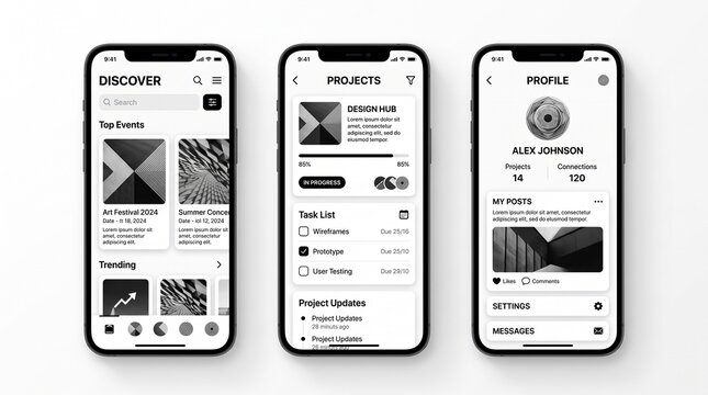 Mobile Ui Kit Screens Showcasing Design Hub, Profile, and Discover Interfaces Featuring Ui, App
