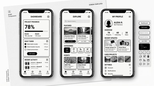 Mobile Ui Kit Screens Showcasing Dashboard, Explore, and Profile Layouts Featuring Ui, App