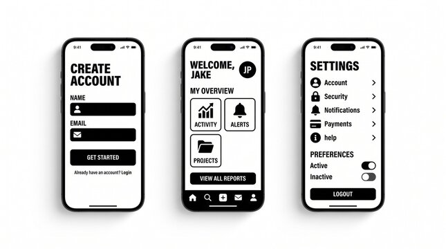 Mobile Ui Kit Screens Displaying Account Creation, Overview, and Settings Featuring Ui, Create