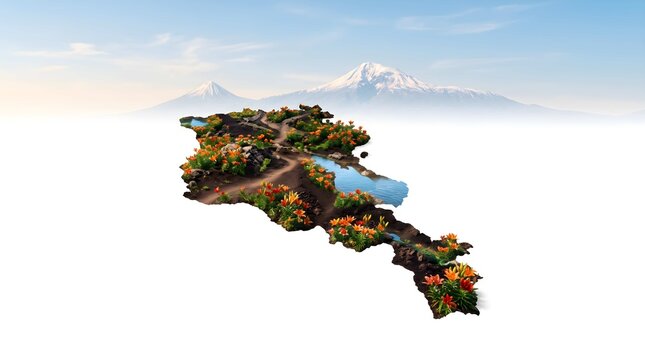 Creative Armenia map silhouette filled with scenic mountain landscape, orange flowers and blue lake