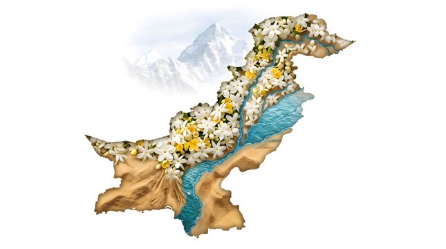 Pakistan Map Silhouette Filled with Jasmine Flowers, Indus River, and Mountain Landscape Background