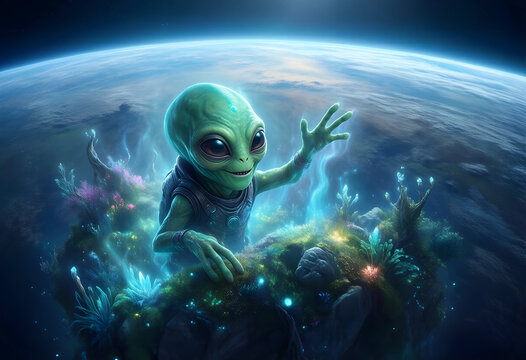 Extraterrestrial life and space exploration, friendly alien waving from a glowing bioluminescent asteroid floating above planet Earth in deep space
