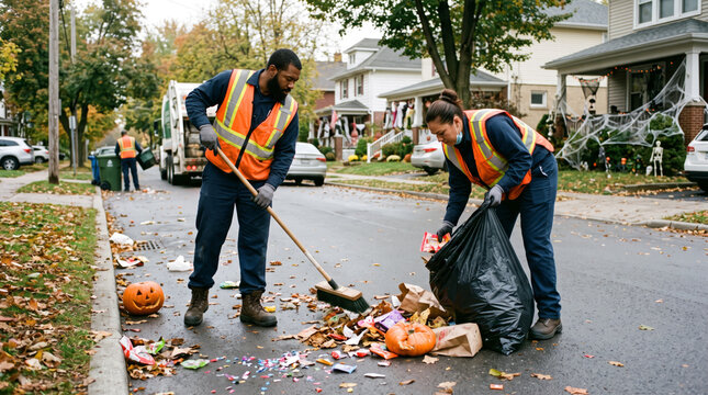 Municipal Street Cleaning Crew Sweeping Halloween Debris and Collecting Seasonal Garbage