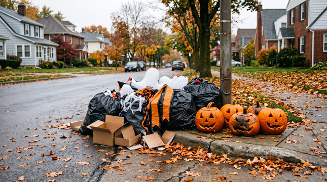 Discarded Halloween Decorations and Garbage Bags Awaiting Curbside Collection in Autumn Neighborhood