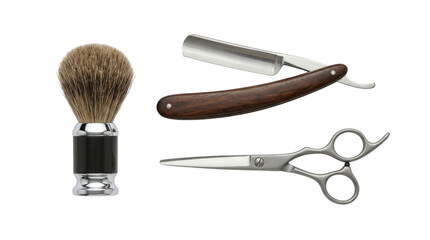 Obraz premium Shaving brush straight razor and scissors arranged on a studio surface for grooming