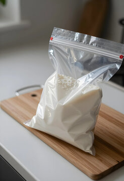 Food storage and meal prep, white powder or flour in a plastic zip bag on a wooden cutting board for kitchen organization and cooking preparation