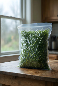 Food preservation and meal prep, fresh green herbs in vacuum sealed plastic bag on wooden kitchen table for sustainable cooking and grocery storage