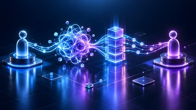 Glowing digital user figures sending data through a tangled network knot representing connection bottleneck