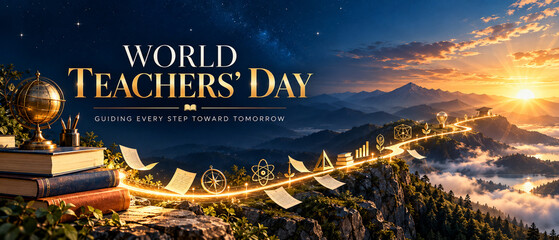 Fototapeta premium World teachers day celebration with a glowing path of books over a mountain landscape