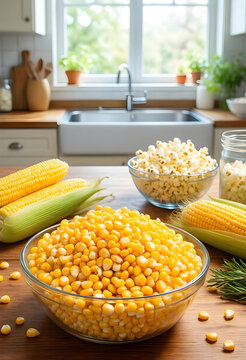 Healthy nutrition and food preparation, fresh corn kernels and popcorn in glass bowls on a rustic kitchen table with raw corn cobs for home cooking