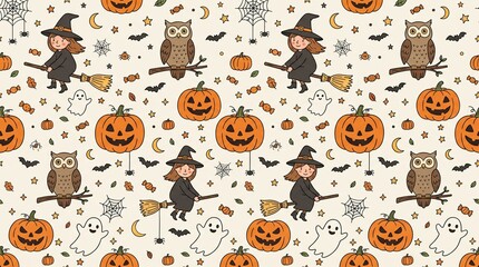 Fototapeta premium Flat doodle illustrations background. Halloween pattern with witches and pumpkins