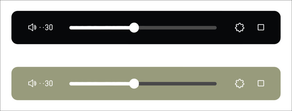 Media player volume slider bar set, audio sound control interface, speaker level knob element, black and olive green UI graphic, modern video player bar vector for mobile app design.