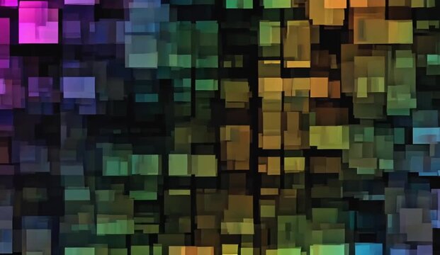 Abstract motion background featuring rows of perfectly aligned flat rainbow-colored squares arranged in a clean geometric pattern over a deep black-to-charcoal gradient background