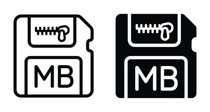 Floppy disk icon with zipper and MB text representing compressed data storage file compression technology legacy hardware and digital archiving