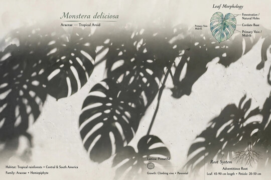 Monstera deliciosa botanical poster with leaf shadow morphology diagram