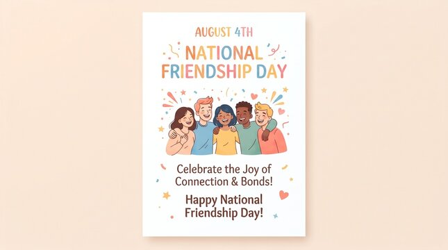 Celebrate National Friendship Day with this vibrant illustration of diverse friends embracing, promoting connection and joy. August 4th is the day to honor bonds.