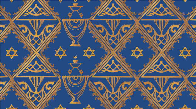 Golden hanukka vektor pattern with menorah and star of david