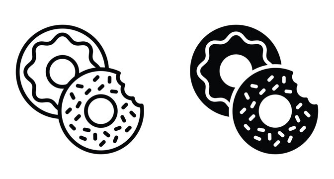 Donut icon set featuring glazed and sprinkled doughnuts with bite marks in outline and solid black glyph styles for menus