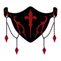 Gothic half face mask covering with red fleur de lis, hanging chains and gem drops, black and red vector icon for cyberpunk cosplay, anime and tattoo designs. © Marcelino