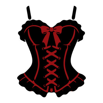 Gothic lolita corset bustier with red criss cross lacing, bow and ruffle trim, black and red vector icon for burlesque fashion, cosplay, sticker and apparel designs.