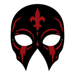 Plague doctor beak mask with a red fleur de lis and swirling filigree, black and red gothic vector icon for medieval horror, Halloween cosplay and tattoo designs. © Marcelino