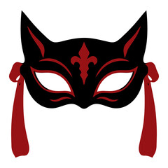 Cat ear masquerade mask with a red fleur de lis and long ribbon ties, black and red gothic vector icon for anime cosplay, Halloween party and tattoo designs. © Marcelino