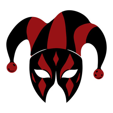 Harlequin jester mask with a belled cap and red diamond pattern, black and red gothic vector icon for carnival circus, joker cosplay and tattoo designs.