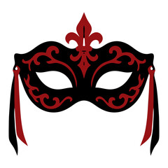 Venetian masquerade mask with red scroll filigree, fleur de lis and ribbon ties, black and red gothic vector icon for carnival ball, cosplay and party designs. © Marcelino
