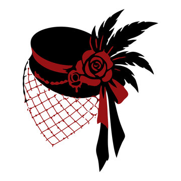 Mini top hat fascinator with lace veil, a red rose and feather plume, black and red gothic vector icon for Victorian mourning, burlesque and sticker designs.