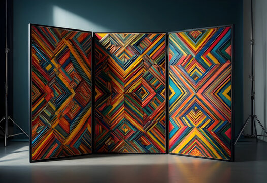 Interior design and modern art, abstract geometric painting on a three panel folding screen in a studio setting with dramatic lighting and shadows