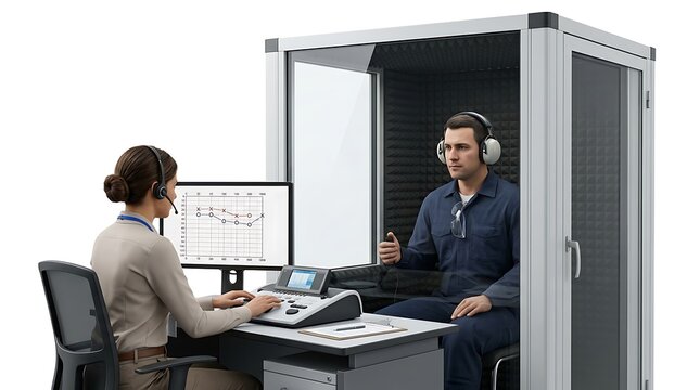 Audiologist Performing Hearing Test in Soundproof Booth with Patient