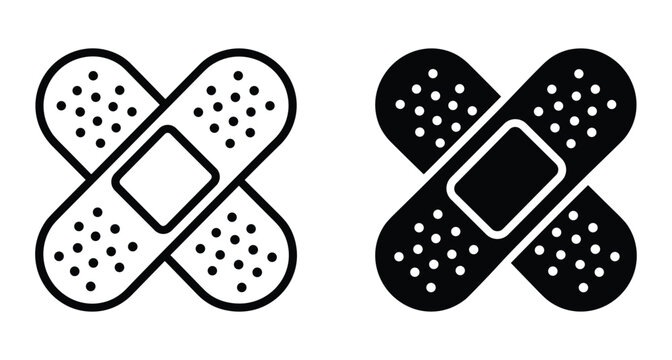 Adhesive bandage icon set with crossed plaster strips in outline and solid black styles for medical first aid care