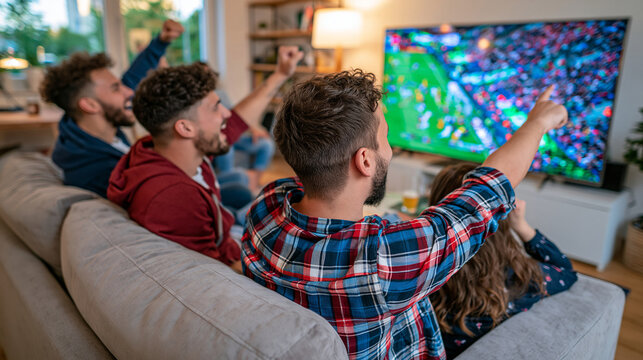 Four friends cheering at a football match from behind, captured in a wide-angle view of a cozy living room, one person pointing toward the big screen while the others react excitedly, dramatic match